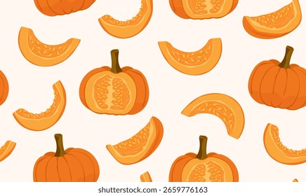 Calabaza. Patrón sin fisuras con calabaza entera y sus rodajas. Acción de Gracias. Ilustración vectorial para embalaje y textiles, estampación. Acción de Gracias.