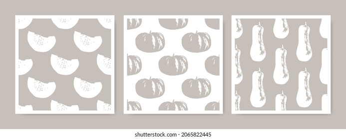 Pumpkin seamless patterns set in pastel colors. Seasonal vegetables texture. Autumn food wallpaper design.

