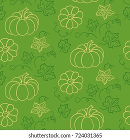 Pumpkin seamless texture. The colored pattern of cream and green contours. Vegetables with leaves, flowers, and curls on a lime background.