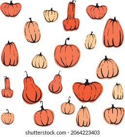 Pumpkin seamless for Thanksgiving design. Texture, background, pattern. Vector fabric seamless pattern. Vector fall design. Vegetable background. Healthy vegetarian food. Halloween costume