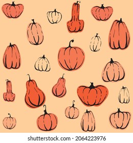 Pumpkin seamless for Thanksgiving design. Texture, background, pattern. Vector fabric seamless pattern. Vector fall design. Yellow Halloween costume vintage design