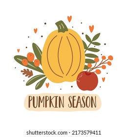 Pumpkin season. Autumn hand drawn pumpkin, apple, berry leaves. Fall season sticker. Vector autumn harvest illustration. October harvest banner. Organic vegetable garden food. Cute fall sticker.