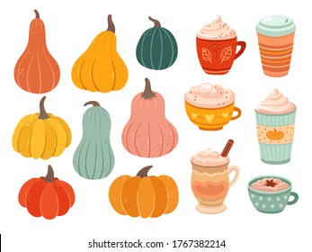 Pumpkin Season. Creative Simple Pumpkins, Ripe Variety Nature Objects. Spice Latte Tasty Coffee, Hot Drink Or Dessert Vector Illustration