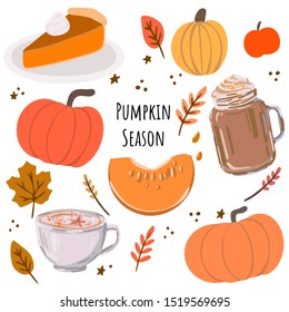 Pumpkin Season hand drawn vector flat cozy illustration set. Isolated autumn essentials objects on white background. For banners, home interior, books, socks, candle, food package