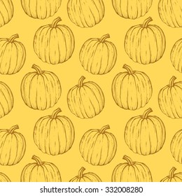 Pumpkin season. Seamless background with orange vegetables. Sketch style. Vector illustration of the autumn harvest. Halloween.