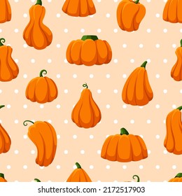 Pumpkin season seamless pattern. Bright pumpkins on polka dot background. Seasonal harvest, fresh vegetables market, cooking print. Agriculture vector texture