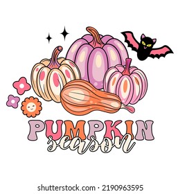 Pumpkin Season Vibes Sublimation. Halloween retro t-shirt design pink and orange colors with bat