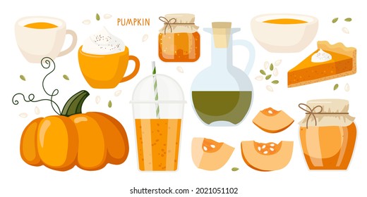 Pumpkin seasonal products. Pumpkin, pie, jam, latte, oil, smoothie, soup. Food and drinks isolated. Autumn delicious sweet desserts. Fall season elements for scrapbook, poster, invitation, sticker.