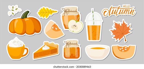 Pumpkin seasonal products sticker set. Pumpkin, pie, jam, latte, oil, smoothie, soup. Autumn delicious sweet desserts. Fall season elements for scrapbook. Stickers with white contour and shadows