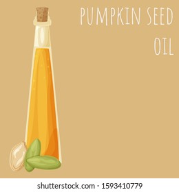 Pumpkin seed oil bottle vector illustration, isolated on colored background, cartoon style oil type clip-art.
