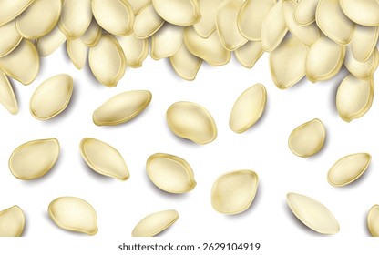 Pumpkin seeds background in a realistic style. Organic food texture, perfect for packaging, advertising and web design. Topics: healthy eating, gardening