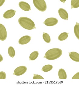 Pumpkin seeds background. Seamless pattern with peeled pumpkin kernels isolated on white. Vector flat food illustration.