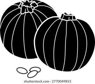 Pumpkin and seeds black silhouette, Cucurbita pepo vector illustration