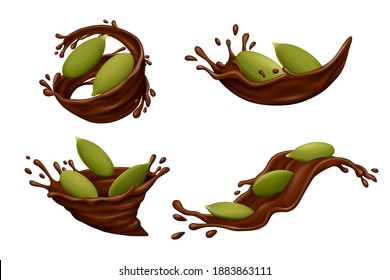 Pumpkin seeds in chocolate splashes with drops isolated on white background. Realistic vector illustration.
