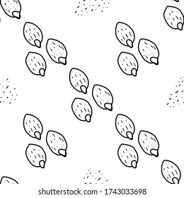 Pumpkin seeds hand drawn vector seamless pattern. Outline monochrome texture made in doodle style.Fruit 
background for package, merch, wallpaper, menu and other design.