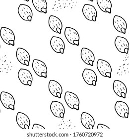 Pumpkin seeds hand drawn vector seamless pattern. Outline monochrome texture made in doodle style.Fruit 
background for package, merch, wallpaper, menu and other design.