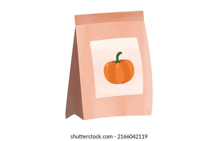 Pumpkin Seeds Package Watercolor Illustration Isolated On White Background. Pack Of Pumpkin Seeds Clipart Cartoon Style. Vegetable Seeds Package Watercolor Drawing. Garden Work. Garden Package Of Seed