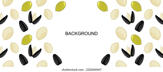 Pumpkin seeds and sunflower seeds with copy space. sunflower seeds and Pumpkin seeds background. colored flat illustration on white. Vector eps10