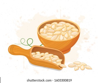 pumpkin seeds vector illustration in wooden bowl 