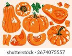 Pumpkin set. Abstract fall gourds in vintage style, orange cartoon whole sliced pumpkins with green stems leaf, autumn harvest food, vegetables for Halloween. Vector collection.