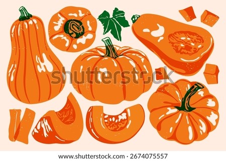 Pumpkin set. Abstract fall gourds in vintage style, orange cartoon whole sliced pumpkins with green stems leaf, autumn harvest food, vegetables for Halloween. Vector collection.