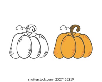 Abóbora conjunto preto contorno doodle ilustração e versão de cor
