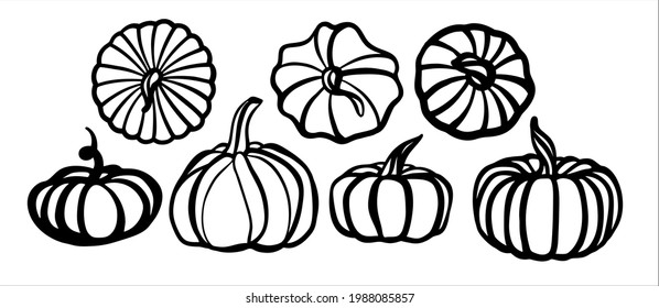 Pumpkin set. Black and white illustration in the form of a logo or sign. Silhouette for cutting on a plotter, suitable for SVG format.