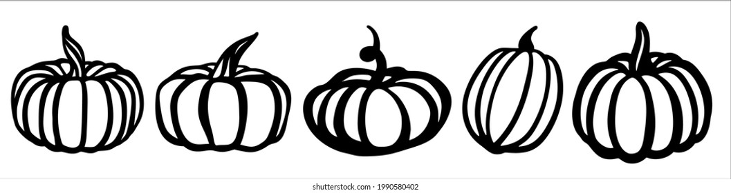Pumpkin set. Black and white illustration in the form of a logo or sign. Silhouette for cutting on a plotter, suitable for SVG format.