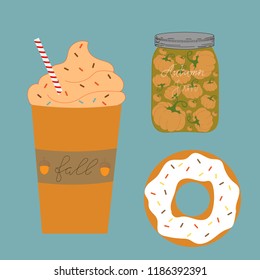 Pumpkin set. Coffe with donat. Pumpkin twist