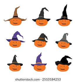 Pumpkin set, collection vector icons. Orange pumpkin with smile and witch hat isolated on white background. For holiday Halloween design. Vector illustration