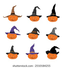 Pumpkin set, collection vector icons. Orange pumpkin with smile and witch hat isolated on white background. For holiday Halloween design. Vector illustration