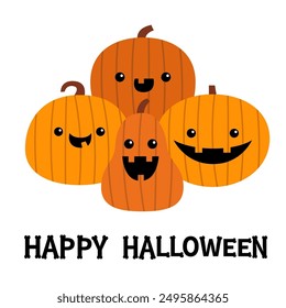 Pumpkin set. Different shape, emotion. Happy Halloween. Funny creepy smiling face with teeth. Cute cartoon kawaii funny baby character. Greeting card. Flat design. White background. Isolated. Vector