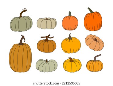 Juego de calabaza. Diferentes tamaños y colores. Celebración de Halloween.