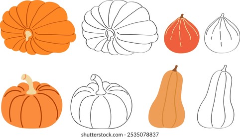 Conjunto de calabaza - dibujo de dibujos animados planos doodle y boceto de contorno para colorear. Vegetal naranja para Halloween, producto para vegetarianos.