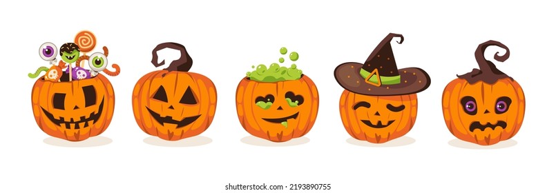 Pumpkin set for Halloween. Orange pumpkins with a scary smile of joy carved, with sweets and in a witch's hat. Cartoon vector illustration

