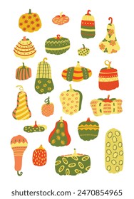 Pumpkin set Hand drawn cute cartoon illustration. Flat vector Halloween and Thanksgiving sticker in simple colored doodle style. Fall or autumn harvest icon or print. Isolated on white background