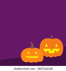 Pumpkin set. Happy Halloween. Scary landscape. Funny creepy scary smiling face. Cute cartoon kawaii baby character. Yellow candle light. Greeting card. Violet background. Isolated. Flat design. Vector