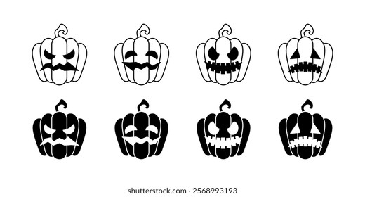 Pumpkin set icons. Linear and silhouette style. Vector icons.