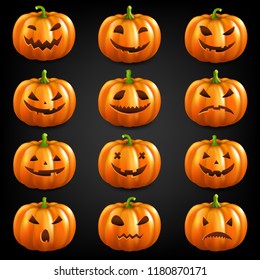 Pumpkin Set Isolated Black Background With Gradient Mesh, Vector Illustration