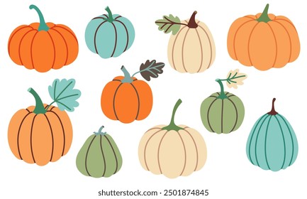 Pumpkin set isolated on white. Colorful hand drawn decorative elements for happy Halloween design. Autumn pumpkins in simple flat style. Vector illustration.