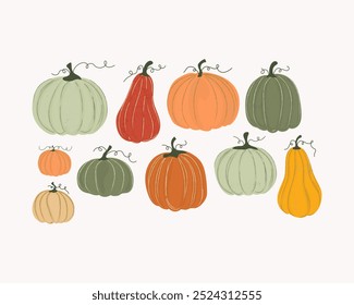 Pumpkin set of isolates on white background. Design elements for holiday cards, packaging, banners, for printing on fabric. Juicy fruits and plants. Drawn with texture. Vector illustration, hand drawn