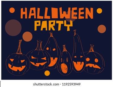 PUMPKIN - set of lettering, minimalistic style, flat vector text, for posters, banners, notebooks, postcards and party invitations. Graphic orange letters on dark blue background. Vector illustration.