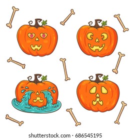 Pumpkin set. Love, smaile, crying, scared stickers vector