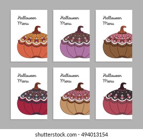 Pumpkin set menu with abstract colorful ethnic patterns on a white background for Halloween, harvest festival, vector illustration