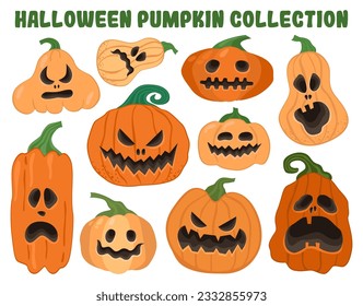 Pumpkin set. Orange pumpkins with a scary smile. Collection of halloween decoration with creepy face. Fall harvest plant. Flat vector illustration