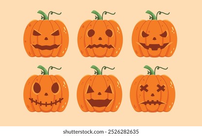 Pumpkin set. Orange pumpkins with various scary smile characters for Halloween holiday design.	