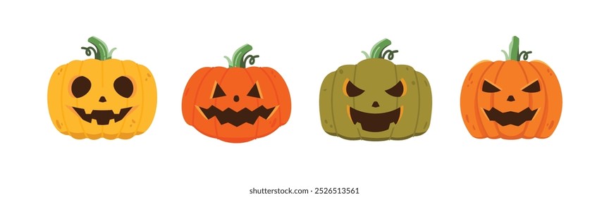 Pumpkin set. Pumpkins in various colors and shapes with scary smiling characters for Halloween holiday design.