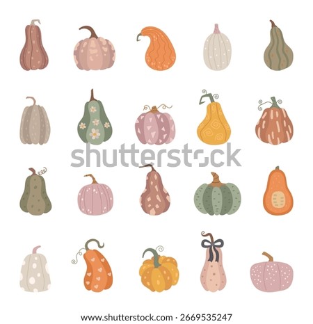 Pumpkin set in scandinavian style with vegetable different shapes perfect for farmhouse kitchen rustic decor organic food market autumn harvest botanical design projects