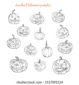 pumpkin set, vector isolated images on transparent and  white background, Doodle, candle