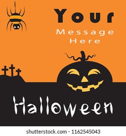 Pumpkin in shadow form With spider on top with a grave with space for text input. And the word Halloween on an orange background.